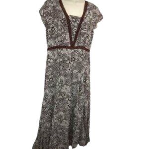 Vintage 90s Casual Studio Womens Midi Dress Brown Floral Lace Trim Chiffon L New
